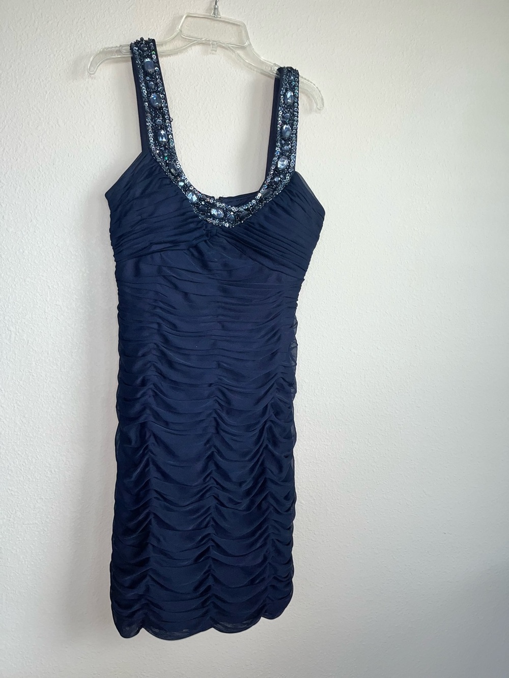 Cache Blue Ruched Mini Dress with Jeweled Scoop Straps